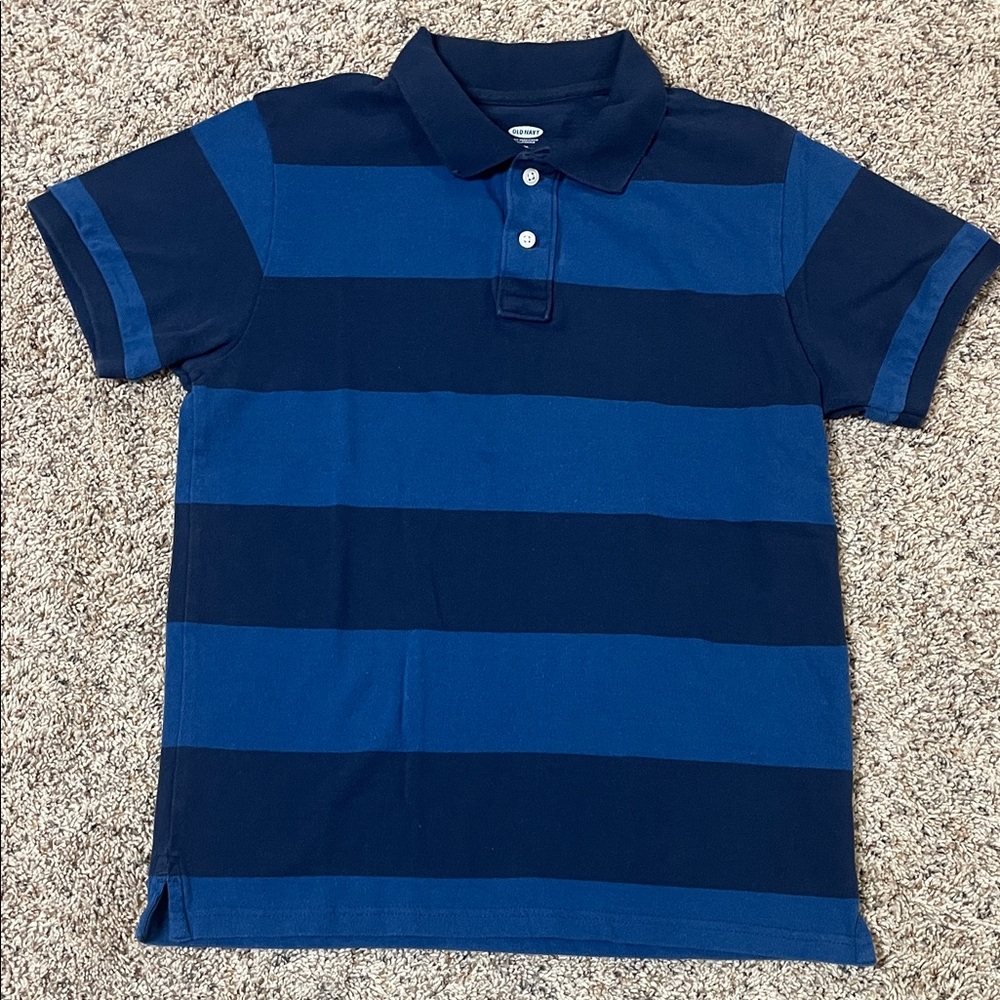 Old Navy Men's Polo Shirt - Dark Blue and Light Blue Stripes